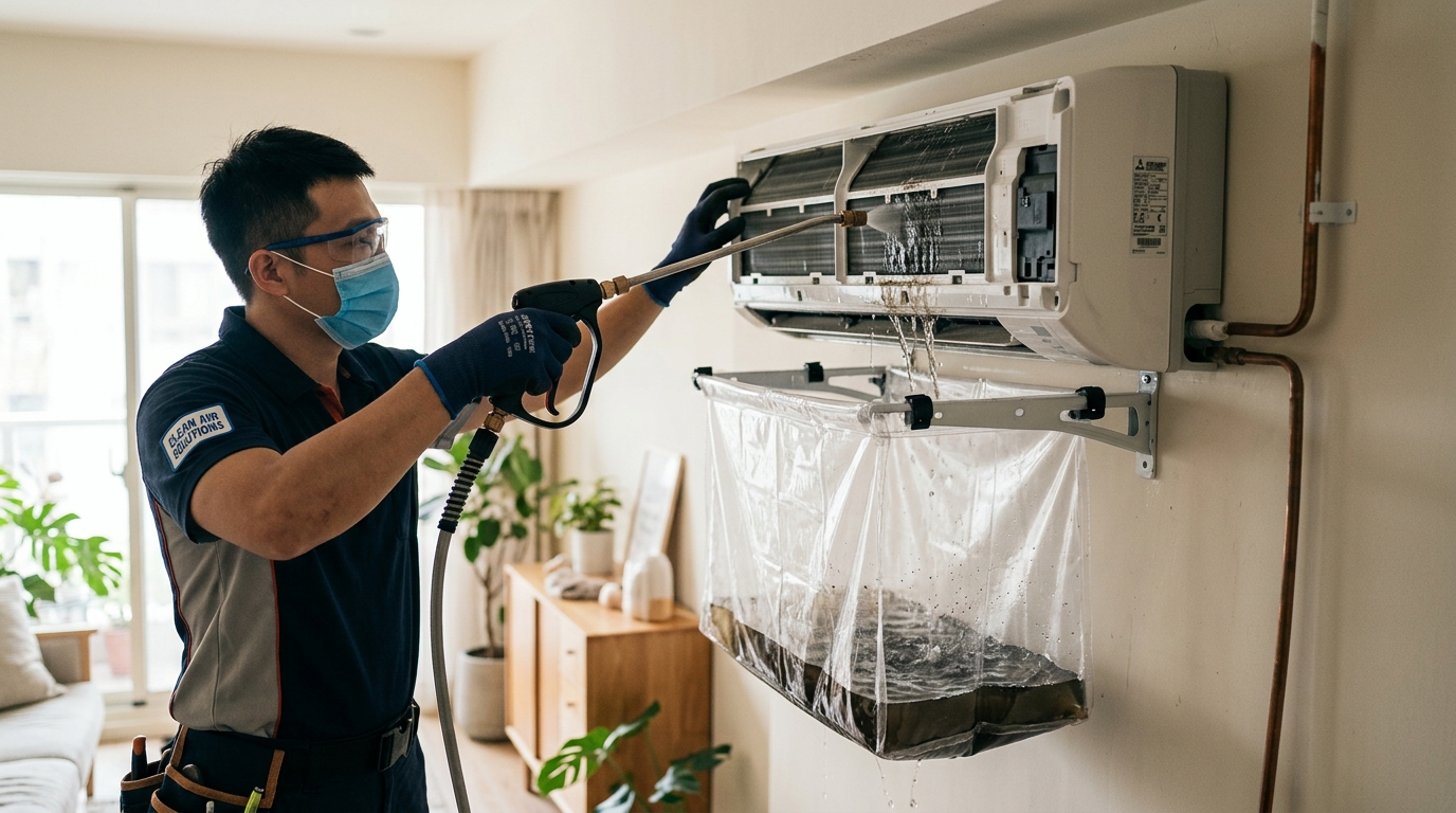 專業技師使用集水罩與高壓水柱,確保冷氣深度清洗過程安全有效。