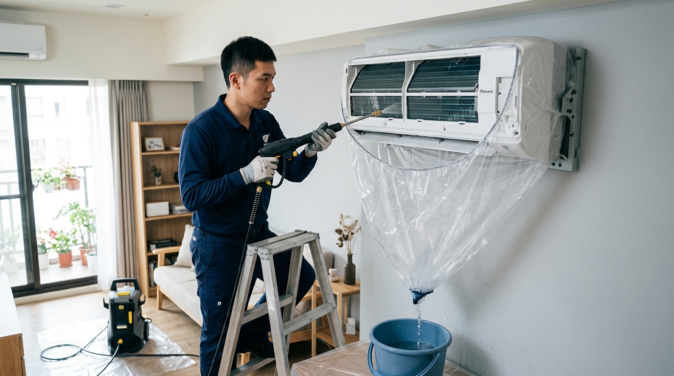 專業師傅正在仔細清洗壁掛式冷氣機，確保每個角落都潔淨無瑕。