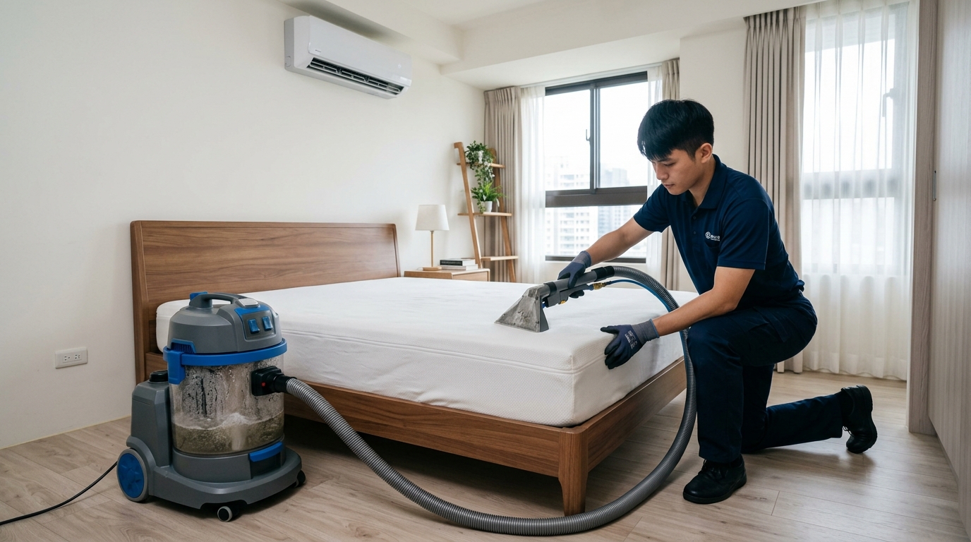 專業除蟎服務利用高效水濾式除蟎機，深層震盪並吸除床墊內部塵蟎與過敏原。
