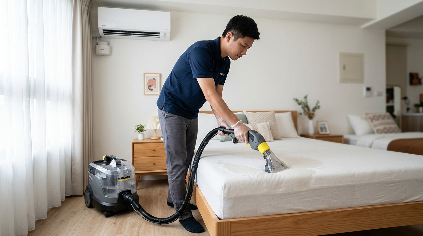 寶傑淨化科技採用專業水濾式除蟎機，透過拍打與強力吸引，徹底清除床墊深層塵蟎。