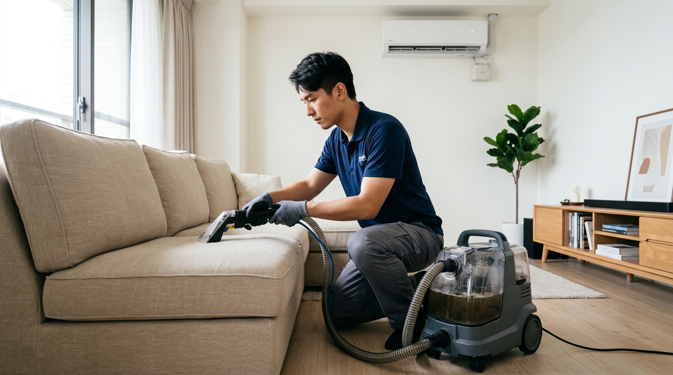 寶傑淨化科技的專業技術人員，使用ROBOCLEAN設備為顧客提供床墊除蟎服務。