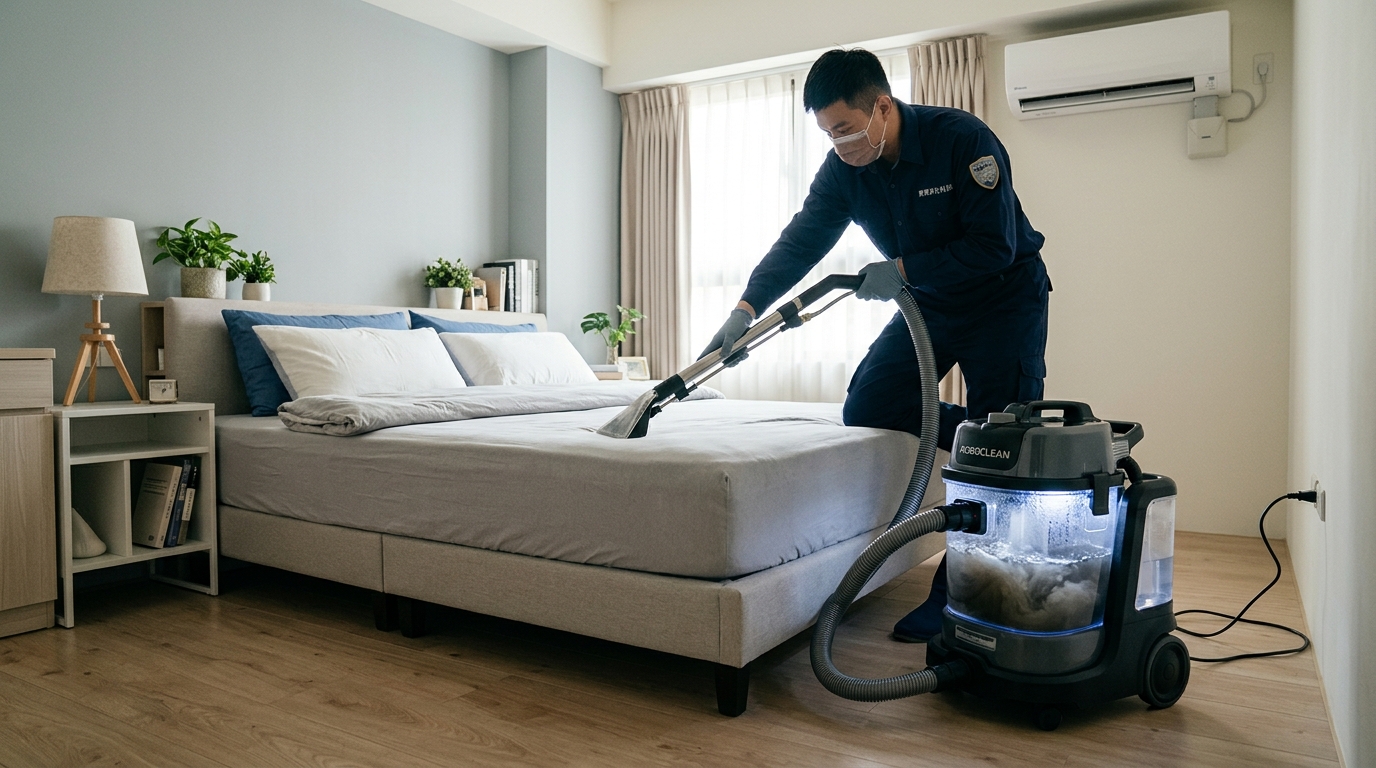 寶傑淨化科技的專業團隊,正使用ROBOCLEAN水濾式除蟎機,為您的床墊進行深度清潔。