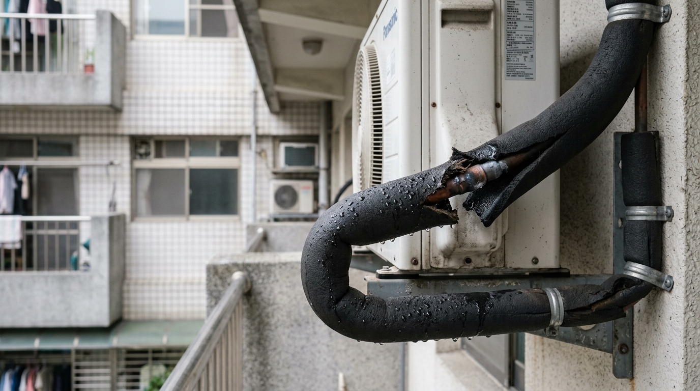 冷媒管保溫層破損，在潮濕環境下容易結露滴水。
