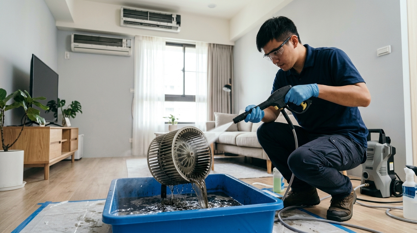 專業冷氣清洗，透過高壓水柱與專業藥劑，能將風鼓上累積的頑固霉垢徹底清除，回復潔淨與送風效率。